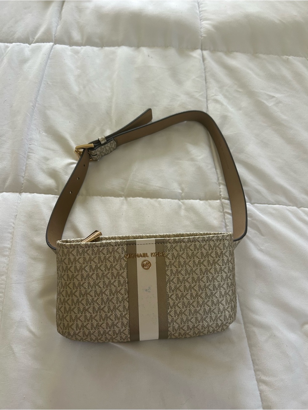 Michael Kors Beige Signature Mini Belt Bag with Cream Stripe